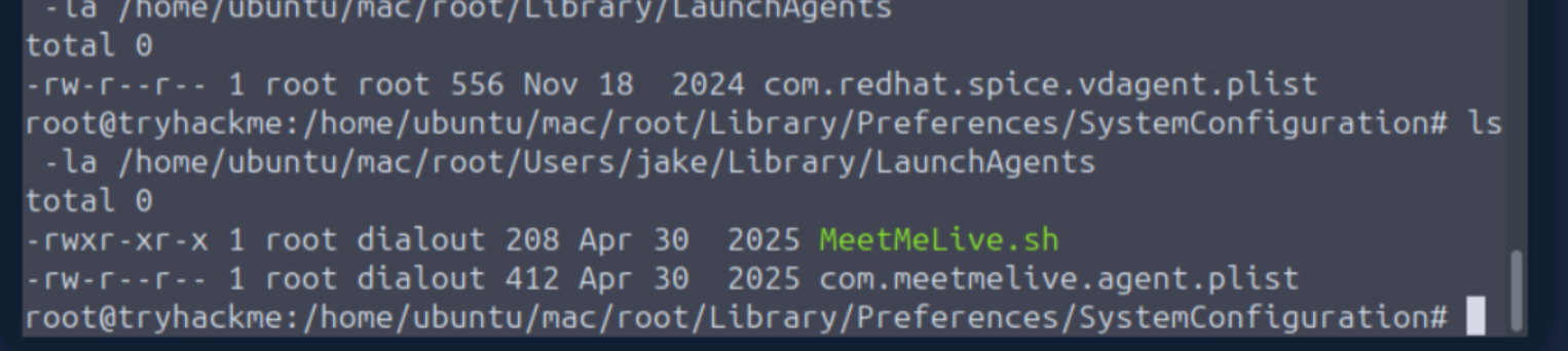 ls -la of jake's LaunchAgents directory showing MeetMeLive launch agent